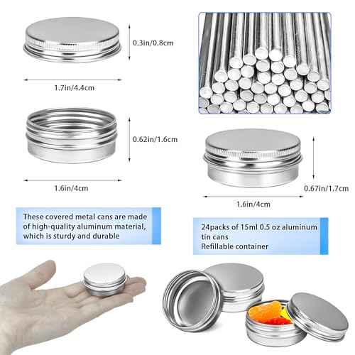 MotBach 24 Pack 0.5oz Tin Jars, 15ml Metal Tin cans, 1/2 Ounce Aluminum tin can jar Containers with Lid for Lotion Bars, Beard Balm, Spices, Salve, Balms, Toiletries, Creams, Samples, Makeup Cosmetic