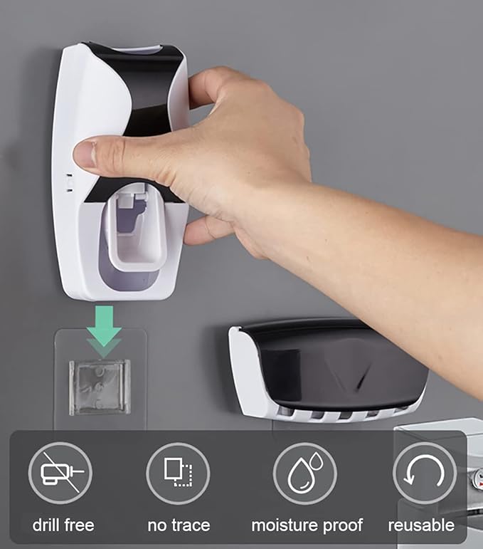 Automatic Toothbrush Dispenser Wall Mount Toothpaste Squeezer and Toothbrush Holder Set for Kids Family Bathroom Use (Black)