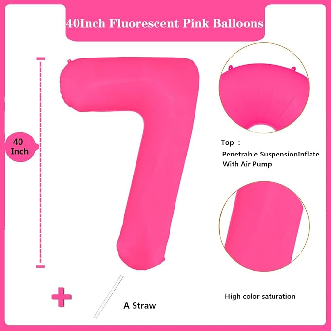 Fluorescent Rose Red Number Balloon 40 inch Giant Foil Helium Balloons Pink Number 7 Balloon for 7th Birthday Party Decorations
