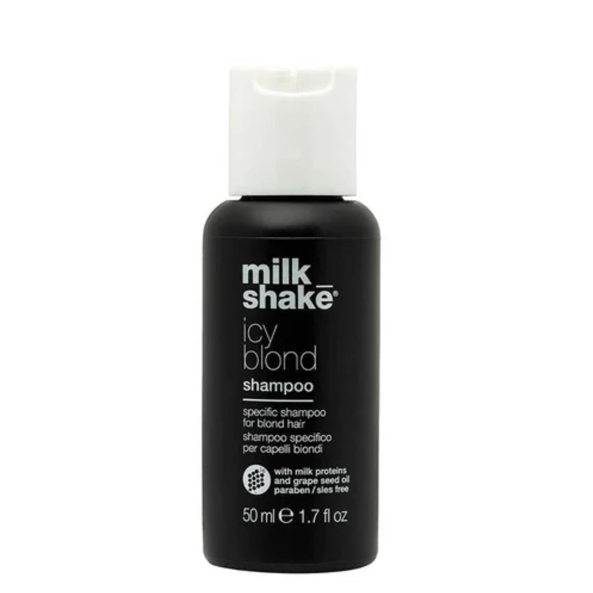 milk_shake icy blond shampoo | award winning toning shampoo with black pigment to cool brassy and enhance platinum blonde hair | ideal for maintaining icy, ash-toned color, 1.7 fl oz / 50 mL
