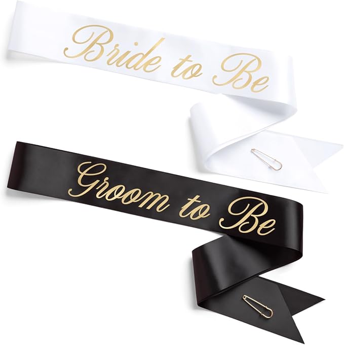 xo, Fetti Bride and Groom Sash Duo 2 Pack | White and Black Satin, Gold Foil, Bridal Shower, Engagement Party, Bachelorette Decor, Wedding Mr. & Mrs.
