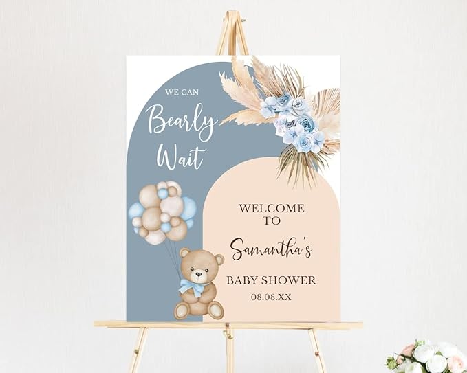 Editable Welcome Sign - "Bearly Wait" Shower Decor - Boho Bear Motif - Plastic Instant Download Degree of Personalization