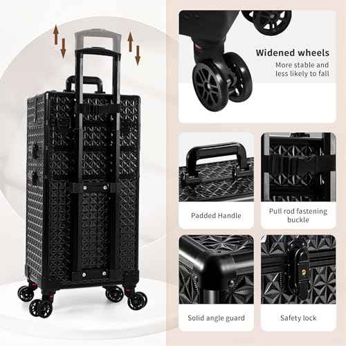 3 in 1 Rolling Makeup Train Case Professional Large Cosmetic Trolley Cosmetology Case on Wheels Traveling Cart Trunk for Hairstylist Artist Nail Beauty Salon Barber, Black