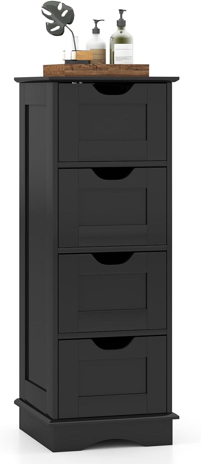 Giantex Bathroom Storage Cabinet with 4 Drawers, 32" Freestanding Storage Organizer Unit with Cutout Handles, Anti-Tipping Device, Narrow Floor Cabinet for Hallway, Living Room, Entryway (Black)