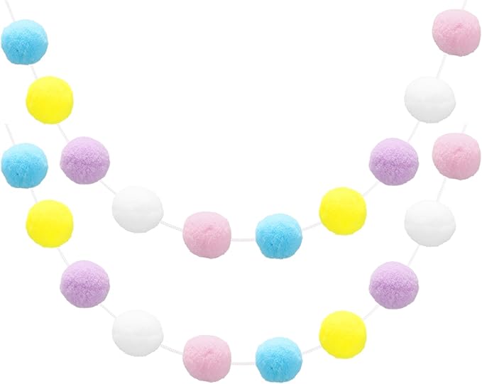 uxcell 2pcs Pom Pom Garland 6.6 Ft 30 Balls Colorful Felt Ball Garland for Wall Christmas Tree Decor Birthday Banner Easter Party Decorations, Blue, Yellow, Purple, White, Pink