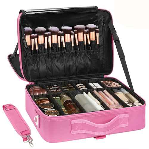 Relavel Makeup Case Large Makeup Bag Professional Train Case Travel Cosmetic Organizer Brush Holder Waterproof Makeup Artist Storage Box, 3 Layer Large Capacity, with Adjustable Strap, Rose Pink