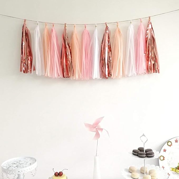 Tissue Tassel Garland and Paper Tassel Banner for Baby Girl Shower Decorations,Pink, White,Peach,Rose Gold,20 Pcs