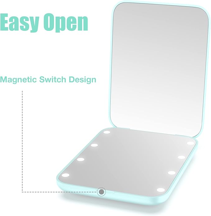 WOBSION Small Mirror with Lights,LED Compact Makeup Mirror,1x/3x Mini Travel Mirror with Magnification,Portable for Purse,Pocket,Gifts for Girls,Cyan