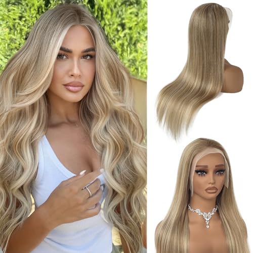 Ash Blonde Highlight Wig Human Hair Pre Plucked with Baby Hair 180% Density Glueless 13x4 HD Lace Frontal Wig Balayage Ash Blonde and Platinum Lace Front Wigs Human Hair with Brown Roots Pre Plucked