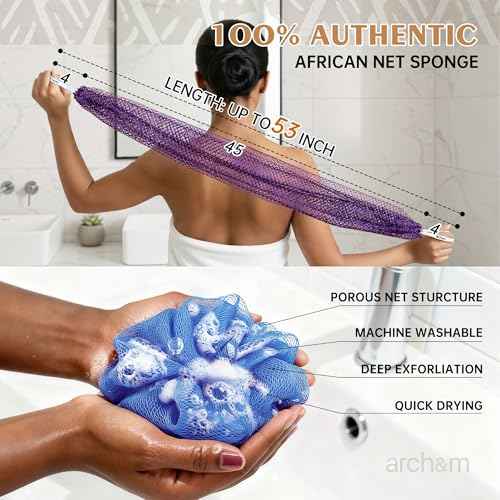 African Net Sponge Authentic Exfoliating - Exfoliating Body Scrub Bath Sponge Back Scrubber Washcloth for Shower Toiletry Bag Real Afroscrub Exfoliator Bathing Care Accessories Purple + Pink ARCH&M