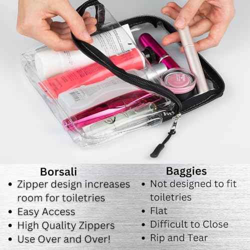 BORSALI TSA Approved Toiletry Bag - Clear Quart Size for 3-1-1 Carry On Travel - Makeup Organizer Cosmetic Pouch with Zipper - Travel Accessories - 2 Pack