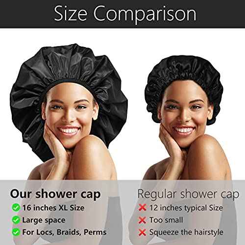 Auban Extra Large Shower Cap, Double-Layer Waterproof Reusable, XL Satin Lining Shower Bonnet for Women Thick, Long Hair, Locs, Braids(Black)