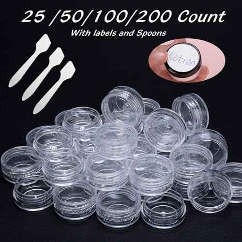 50 Count 3 Gram Sample Containers, Clear Lip Balm Containers with Lids, Small Plastic Sample Jars with 4 Mini Spoons, 50pcs Labels (Clear Lid)