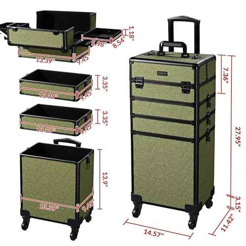 BYOOTIQUE 4in1 Cosmetology Cases on Wheels Rolling Makeup Organizer Cart Professional Nail Tech Storage Hairdressing Brush Bags for Nail Artist Beauty Barber Salon Hairstylist,Rococo Moss
