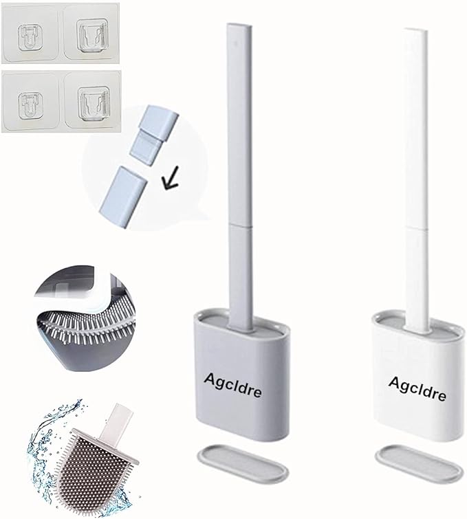 Toilet Brush with Holder Silicone Toilet Brush and Cleaning Brush for Household Bathroom Toliet Brush Set (White,Gray)