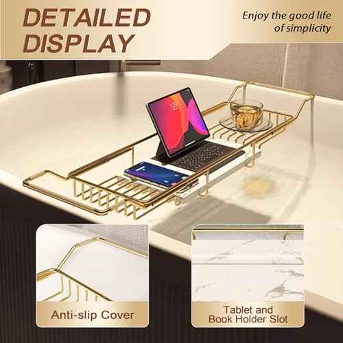 BVL Bathtub Tray Stainless Steel with Marble Base Gold Bathtub Tray with White Marble Base Adjustable & Rustproof Bath Caddy for Spa, Relaxation, Bath Bombs