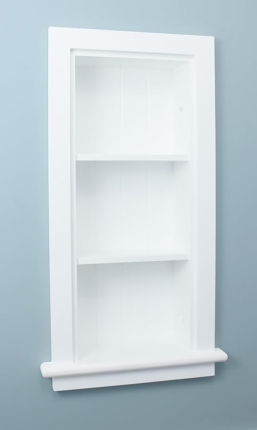 10x24 Slim Recessed Wood Bathroom Niche Medicine Cabinet Replacement w/ Ledge, Narrow Wall Niche Medicine Cabinet Replacement, Thin In The Wall Bathroom Cabinet Insert Shelf/Shelves, Beadboard, White