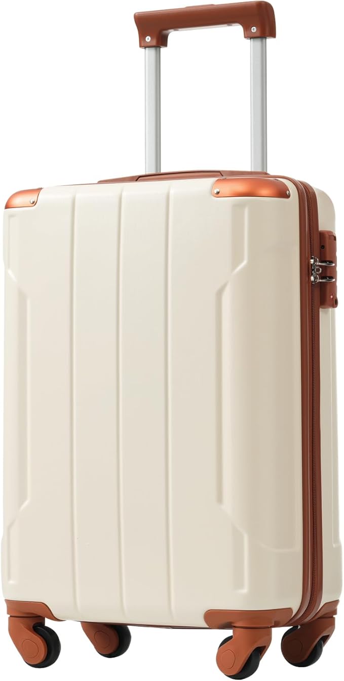 Merax Carry-On Luggage 22x14x9 airline approved, Hardshell ABS Suitcase with Spinner Wheels, TSA Lock, Lightweight Durable 20 Inch Travel Luggage for Men Women(White Brown)