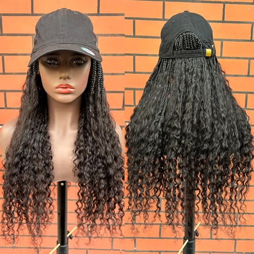 Boho Box Braids Hat Wigs with Human Hair Curly Ends Grab-and-Go Boho Braided Hair Extensions with Baseball Cap for Women Natural Black