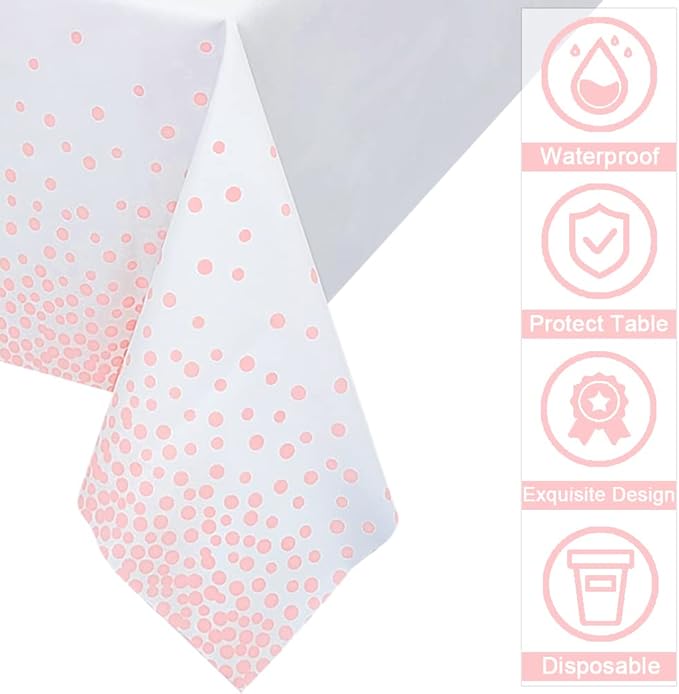 Mulbozy 2 Pcs Rose Pink Dot White Plastic Tablecloth for Rectangle Table, Rose Pink Dot Confetti Party Table Covers for Baby Shower, Wedding, Anniversary, Birthday Party Decoration, 54 × 108 inches