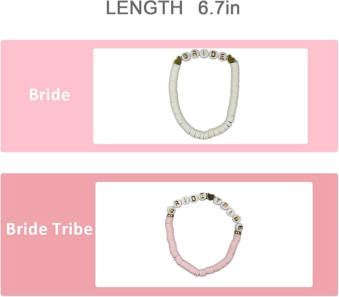 Bachelorette Party Favors, Wedding Gifts, 8 Pcs 6.7 inch Pink Bride Tribe Bead Bracelet Preppy Bracelet Stretch for Adults Women Bridal Shower Decorations Boho Disc Party Beach Supplies (1White + 7Pink)