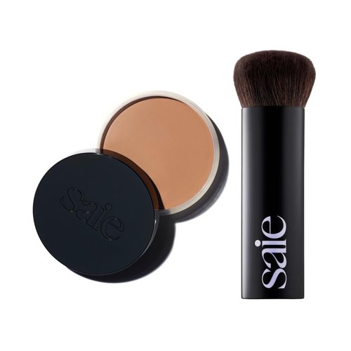 Saie Sun Melt Duo - The Big Brush - Soft, Multi-Use Liquid + Cream Makeup Brush With Synthetic Bristles Bundled With Sun Melt Bronzer in Light Bronze - Buildable Cream Contour, Velvet Finish (1 oz)
