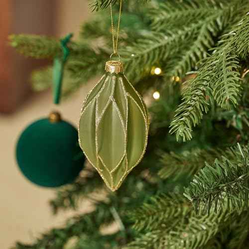 WDS WONDROUS Christmas Ball Ornaments, Vintage Ball & Teardrop Xmas Tree Ornament Set, Hanging Assorted Glass Balls for Holiday Home Party Decor (9Pcs, Sage Green & Gold Line)