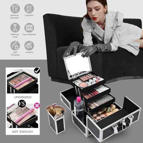 Joligrace Makeup Train Case Makeup Case 3-Tray Cosmetic Box with Mirror, Shine Black, 11.8-in Large Makeup Box with Detachable Brush Holder, Lockable Portable Makeup Travel Organizer Case