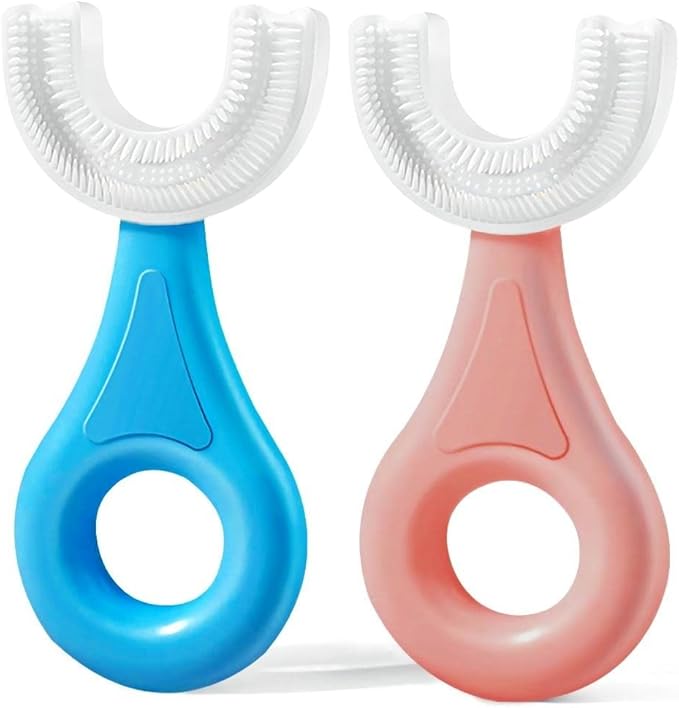 YOTEE U-Shaped Toothbrush Kids 2 PCS - Toddler Toothbrush with Food Grade Soft Silicone Brush Head, Manual Whole Mouth Tooth Brush for Kids Age 2-6(Blue+Pink)