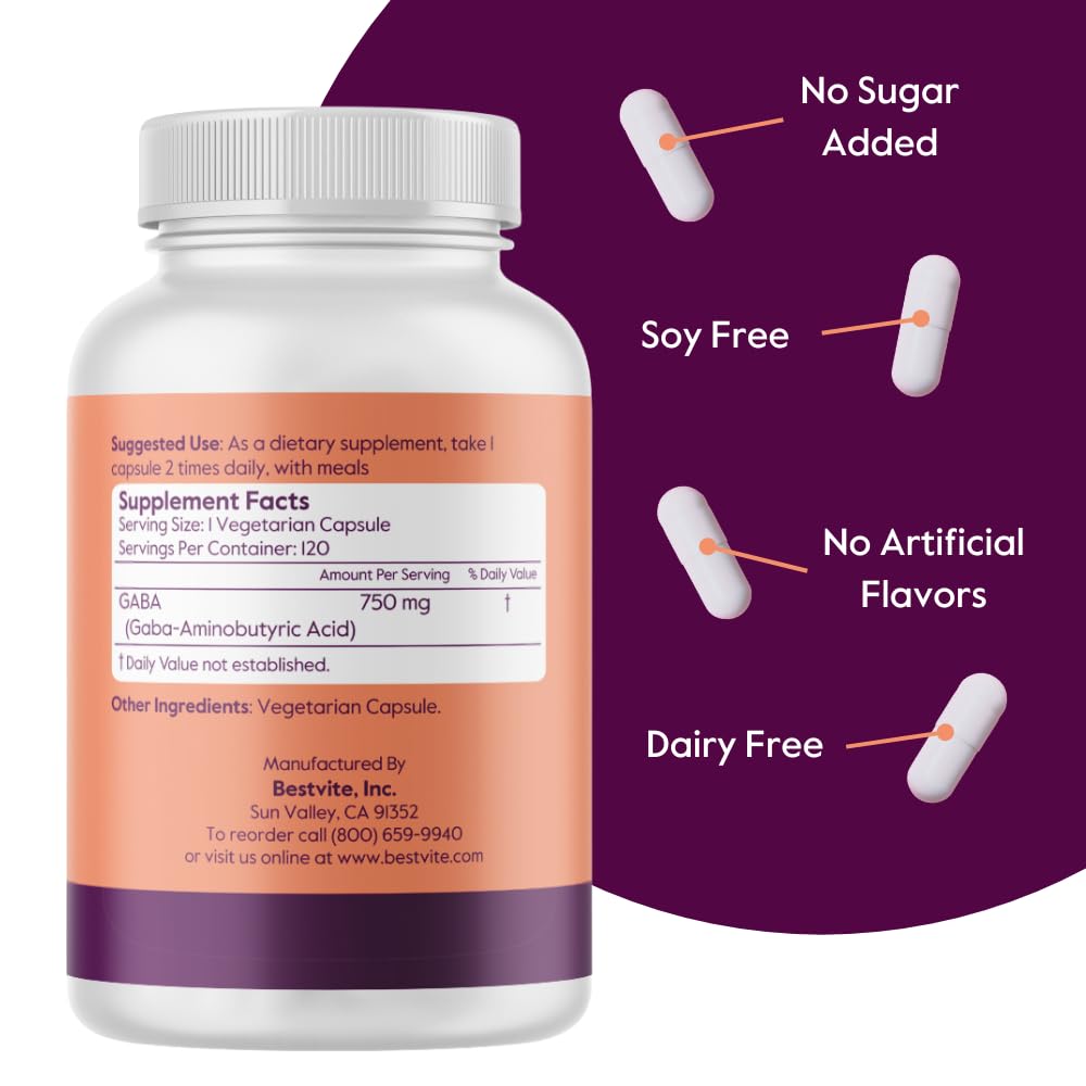 BESTVITE GABA 750mg per Capsule (240 Vegetarian Capsules) (120 x 2) - No Stearates - No Fillers - Vegan - Gluten Free - Non GMO