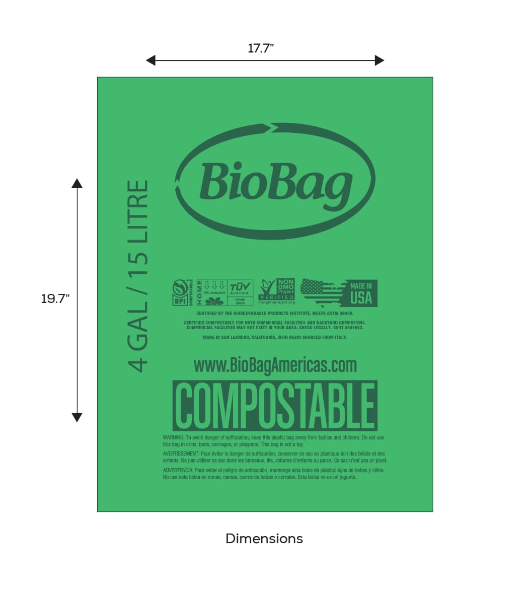 4 Gallon Compostable Trash Bags by BioBag, 75 Count, BPI Certified, Meets ASTM D6400 Standards, Made in USA, Small Kitchen & Bathroom Liners