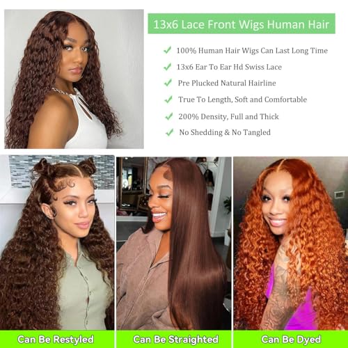 Chocolate Brown Lace Front Wig Human Hair 13x6 HD Deep Wave Lace Front Wigs Human Hair Colored Deep Curly Lace Frontal Wigs Glueless Wig for Woman Pre Plucked 22 Inch