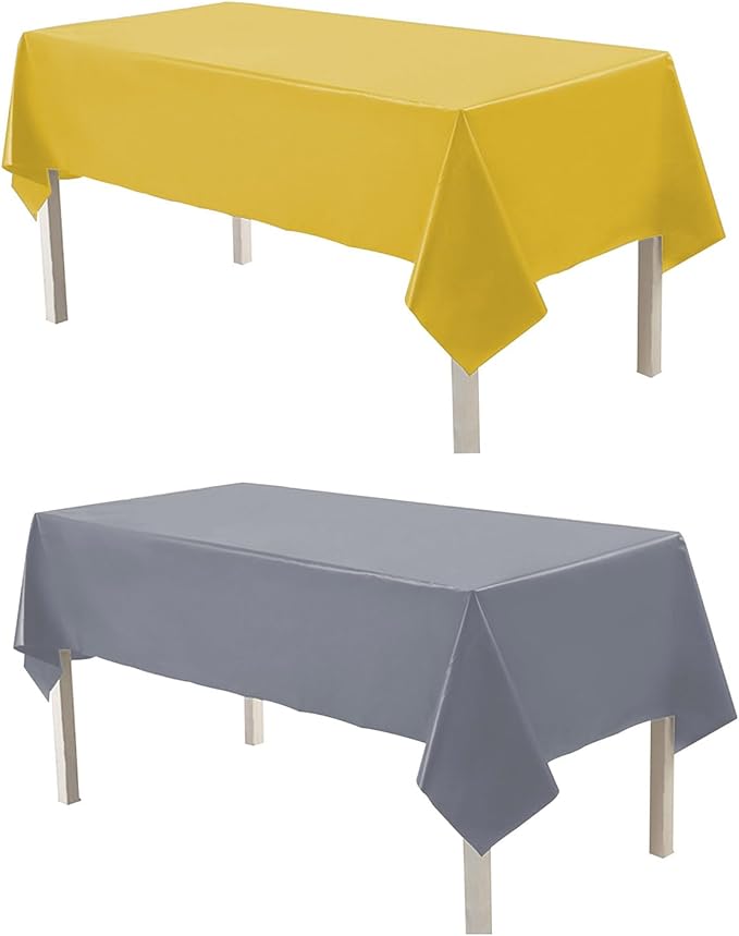 Plastic Tablecloths,Disposable Table Covers,Baby Shower Party Tablecovers,Tables Cloths for Birthday Wedding Parties 8 ft Rectangle Table Use,54 x 108 Inches,2 Pack,Yellow,Silver Gray.