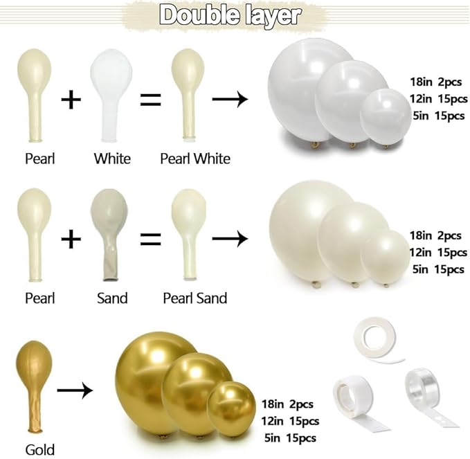 White and Gold Balloon Garland - Double Stuffed Pearl Sand White Gold Balloons Arch Kit 5 12 18 inch for Birthday Graduation Bar Mitzvah Bachelorette Wedding Baby Shower Party Decoration