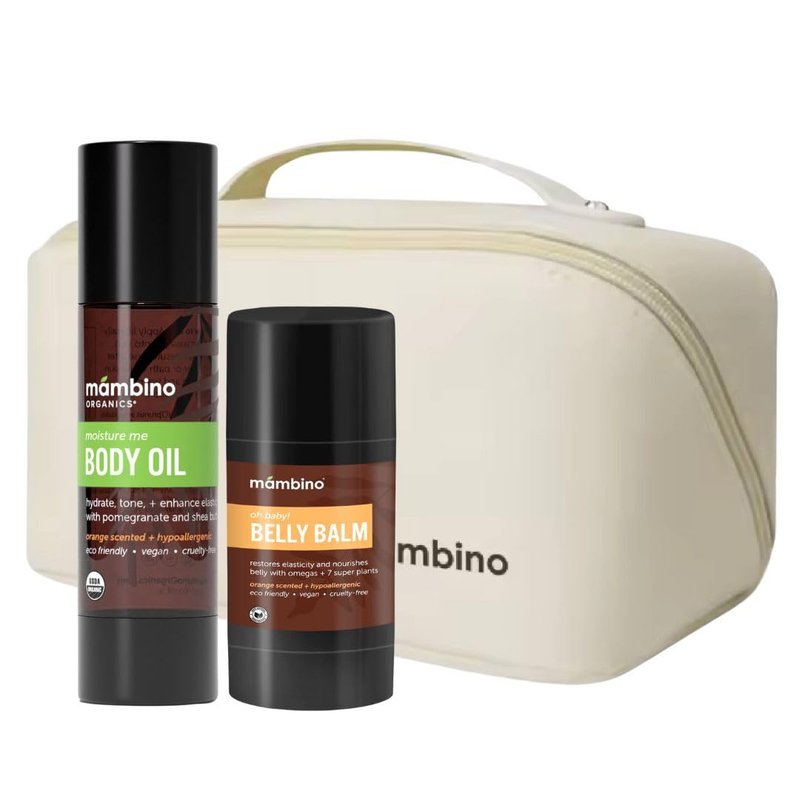 Mambino Organics Maternity Gift Set - Moisture Me Body Oil & Oh Baby! Belly Balm - Anti-Stretch Duo Kit with Free Bag