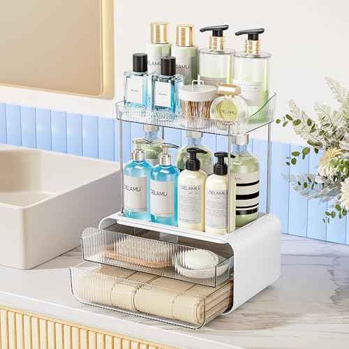 Delamu Bathroom Counter Organizer 2-Drawers 2-Tier Acrylic Makeup Organizer for Vanity Countertop, Skincare Perfume Storage, Easy Assembly, Ideal Gift for Women, Bath Linen Sets, Clear