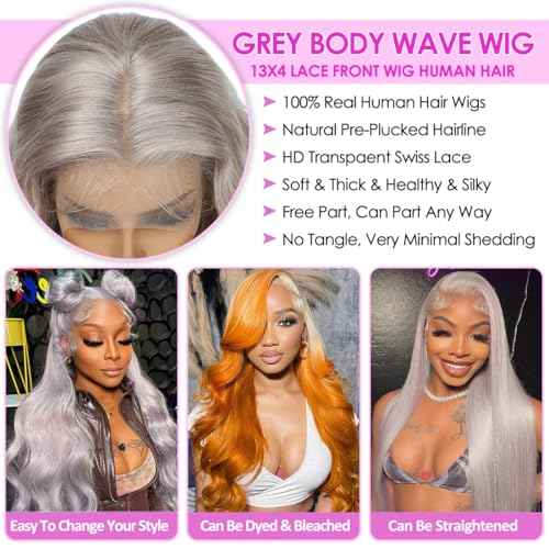 Pisenor 13x4 Grey Lace Front Wig Human Hair Body Wave Lace Frontal Wigs Human Hair HD 180% Density Transparent With Baby Natural Hairline Pre Plucked Lace Front wigs (22 inch)