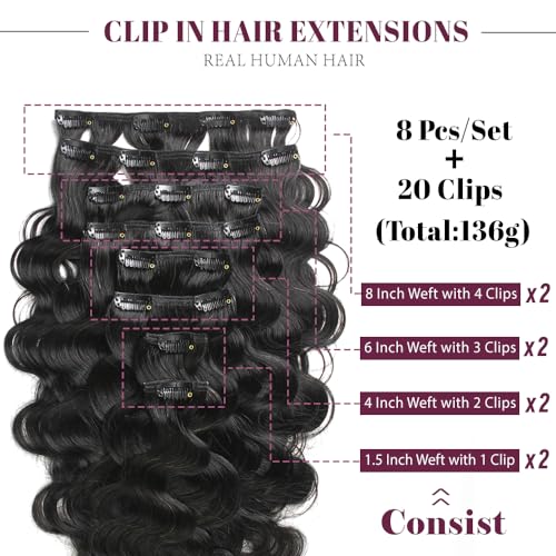 KRN Clip in, 135g 8 pcs Full And Thick Body Wave Hair Extensions Clip ins for Black Women 12A Natural Black Real Hair Extensions Clips in Human Hair with 20 Clips Easy to Wear 24 Inch