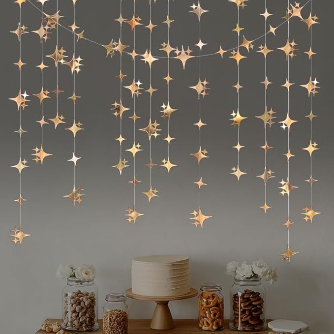 Glitter Champagne Four-Angle Star Paper Garland Banner Décor 40 Feet Twinkle Champagne Star Hanging Bunting Banner Backdrop for Wedding Baby Shower Birthday Graduation Disco Party Decorations