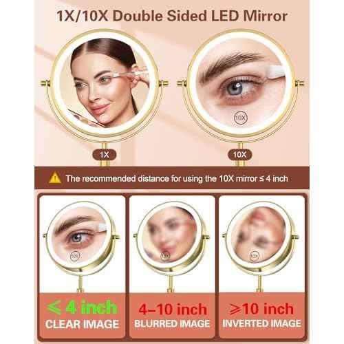 Benbilry Lighted Makeup Mirror with 3 Color Lights & 10X Magnification, Adjustable Brightness & Height, 7 Inch 360¡Æ Swivel Rechargeable 10X LED Magnifying Vanity Mirror with Light, Gold