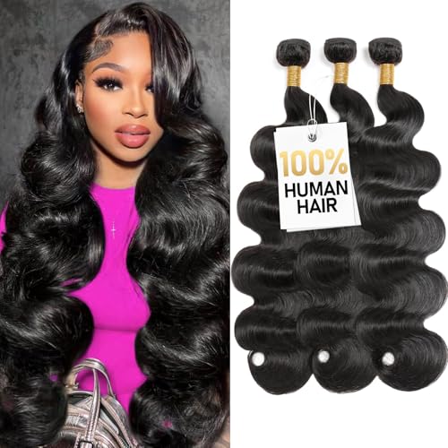 Body Wave Bundles Human Hair 16 18 20 Inch 3 Bundles Human Hair 300g 100% Unprocessed Brazilian Virgin Raw Hair Extensions Natural Black Weave Real Human Hair Bundles for Women