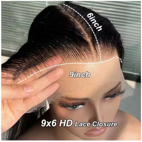 9¡¿6 HD Lace Closure 0.1mm Ultra-thin HD Lace Closure Human Hair with Natural Hairline Pre-plucked Bleached Knots Virgin Unprocessed Straight Hair Natural Black Color 14 Inch