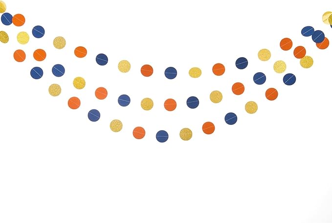 Circle String Decorations Paper Garlands Party Streamers, 30 Feet (Gold Glitter, Orange, Blue)