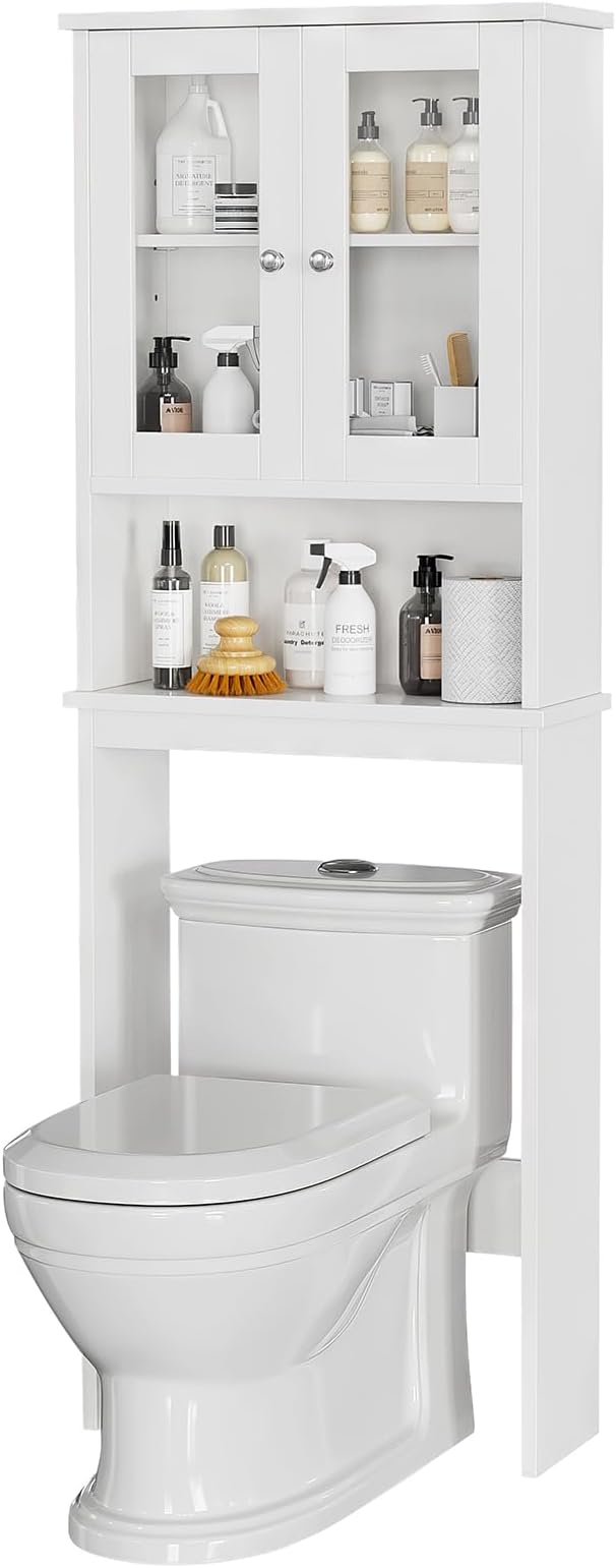 Meilocar Over The Toilet Storage Cabinet, Bathroom Storage Organizer Over Toilet, Space Saver W/Adjustable Shelf & Open Shelf, White