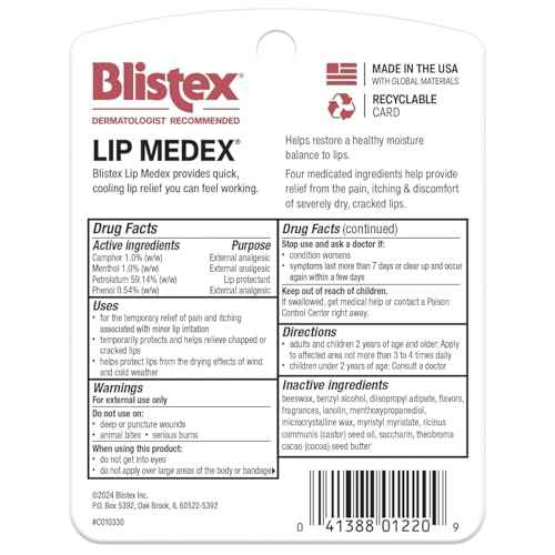 Blistex Lip Medex, 0.25 Ounce, 3 Count, Medicated Relief with Immediate Cooling, Soothes and Protects, Advanced Hydration, Restores Healthy Moisture Balance to Lips, 1 Pack