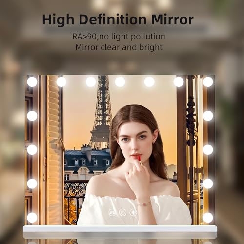 Hansong RGB Vanity Mirror with Lights 23" x 18" LED Hollywood Mirror Makeup Mirror with 15 Dimmable Bulbs and 10X Magnification 3 Colors Modes Touch Control