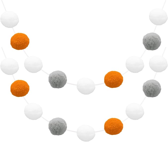 uxcell 2pcs Pom Pom Garland 6.6 Ft 30 Balls Colorful Felt Ball Garland for Wall Christmas Tree Decor Birthday Banner Easter Party Decorations, White, Orange, White, Grey