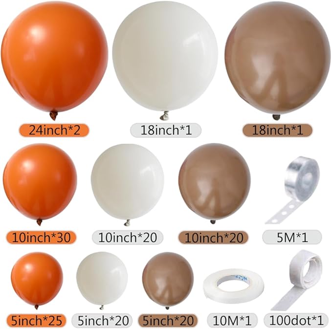 142pcs Burnt Orange Balloon Garland Arch Kit, Burnt Orange Brown Sand White Balloons for Fall Boho Baby Shower Birthday Little Pumpkin Thanksgiving Party Decorations