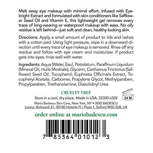 Mario Badescu Eye Makeup Remover Gel Ideal for Combination or Oily Skin Lightweight, Non-Greasy Waterproof Eye Make Up Cleanser Formulated with Safflower Seed Oil