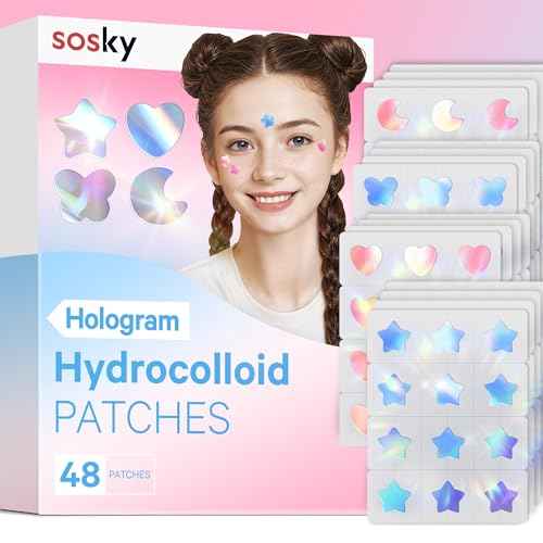 Sosky Hologram Pimple Patches for Face, Hydrocolloid Acne Patches with Salicylic Acid, Cute Star Zit Stickers,Colorful Blemish Covers,48 Count Blue Pink Star Heart Moon Butterfly